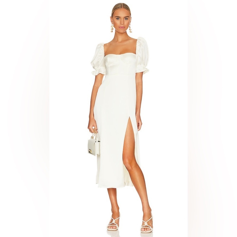 BNWT Weworewhat Puff Sleeve Midi Satin Dress in Whisper White Size 6